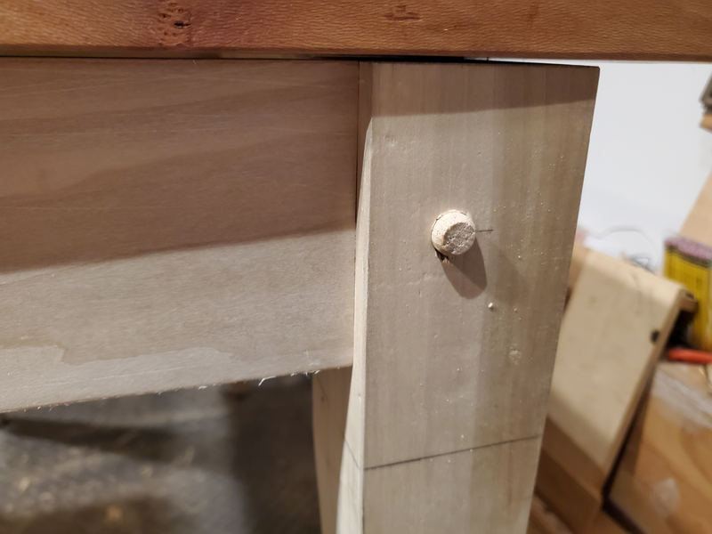 Drawbore mortise and tenon on the table leg