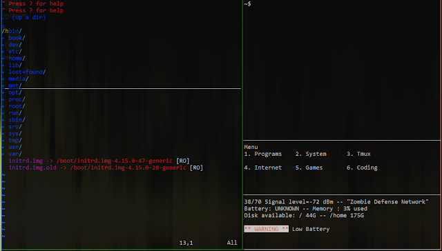 A tmux window with four panes showing Vim, an empty terminal, a menu script, and a script displaying system information
